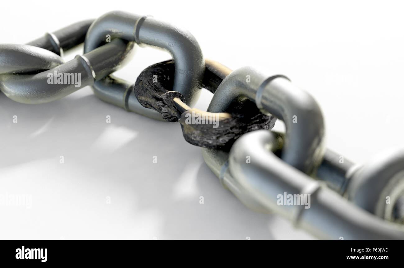 A heave meatl chain with a very rusted and corroded link joing the two halves together - 3D render Stock Photo