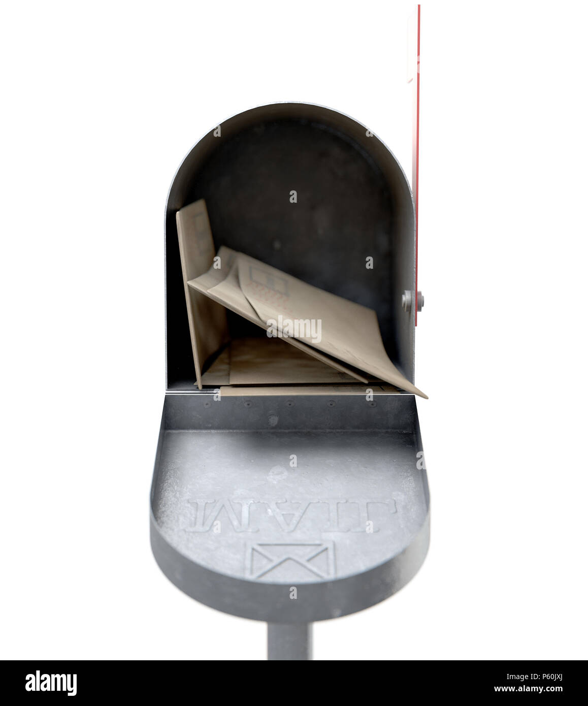 An open old school retro tin mailbox bulging with a stack of letters and envelopes crammed into it on an isolated background - 3D render Stock Photo
