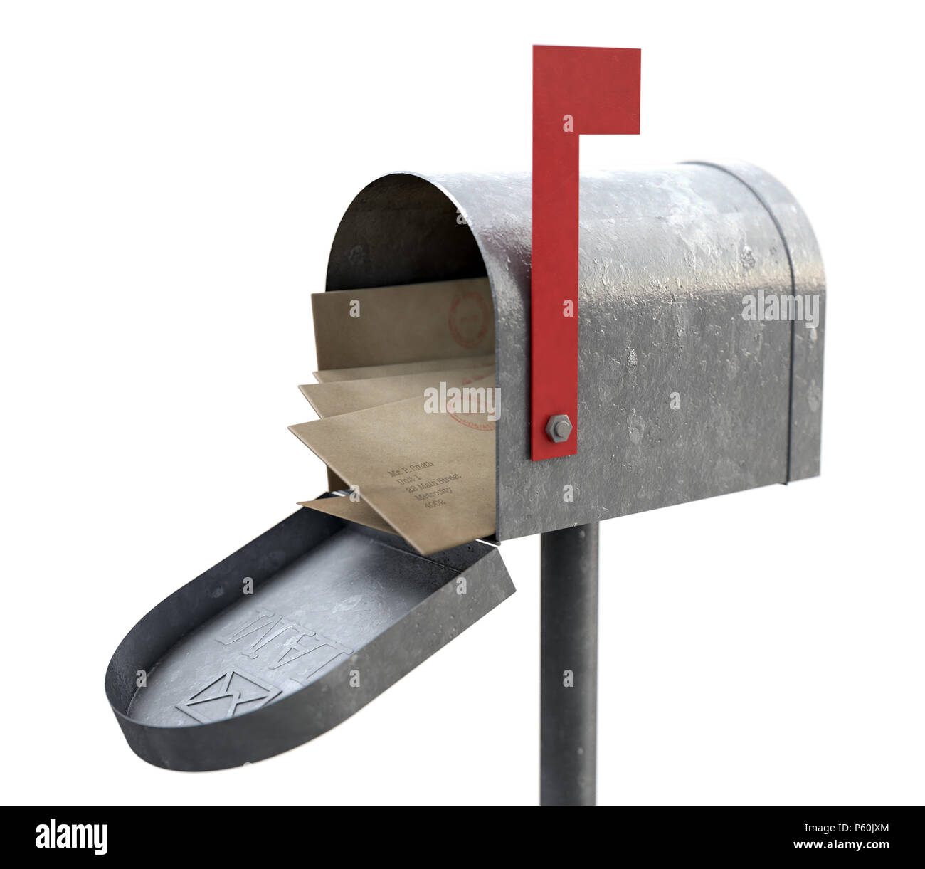 An open old school retro tin mailbox bulging with a stack of letters and envelopes crammed into it on an isolated background - 3D render Stock Photo