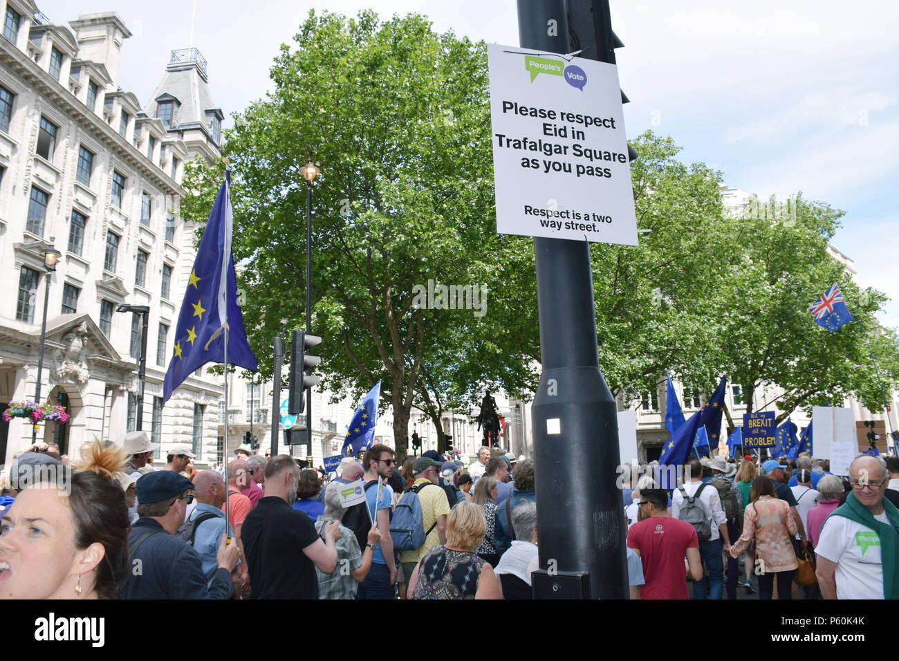 Anti Brexit demo, London 23 June 2018 UK. Campaign for a People's Vote on the final Brexit deal. March passing the Eid celebrations in Trafalgar Squar Stock Photo