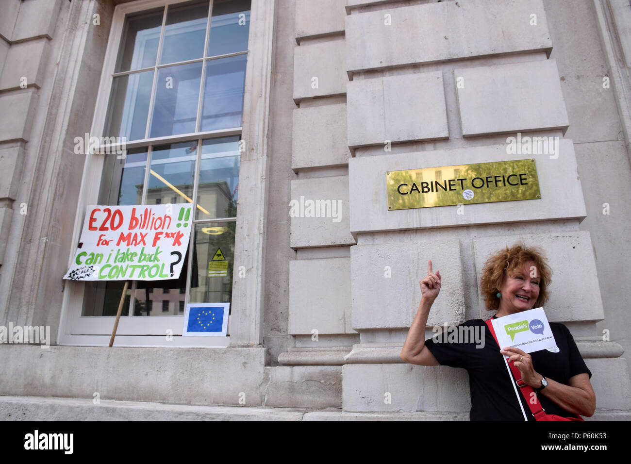 Anti Brexit demo, London 23 June 2018 UK. Campaign for a People's Vote on the final Brexit deal. Protest at the Cabinet Office at 70 Whitehall Stock Photo