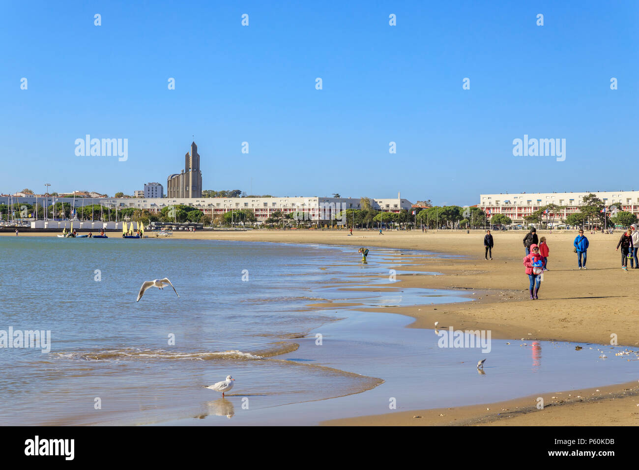 France, Charente Maritime, Saintonge, Cote de Beaute, Royan, Grande Conche beach and the Notre Dame bell tower in background // France, Charente-Marit Stock Photo