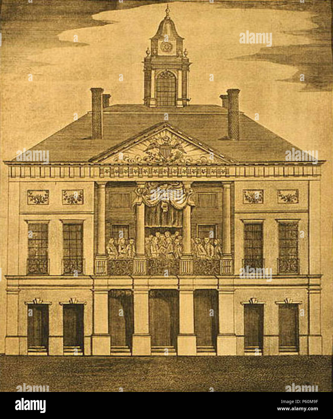 N/A. Federal Hall, The Seat of Congress / Peter Lacour delin. ; A. Doolittle sculpt. Front elevation of Federal Hall in New York City, site of George Washington's first inauguration, April 30, 1789, where Chancellor of the State of New York, Robert Livingston, administered the oath of office to George Washington on the balcony. Photograph of 1790 copper engraving in the private collection of Louis Alan Talley, Washington, D.C. 1790 (engraving); 2000 (photograph).   Amos Doolittle  (1754–1832)     Description American engraver and caricaturist  Date of birth/death 18 May 1754 30 January 1832  L Stock Photo