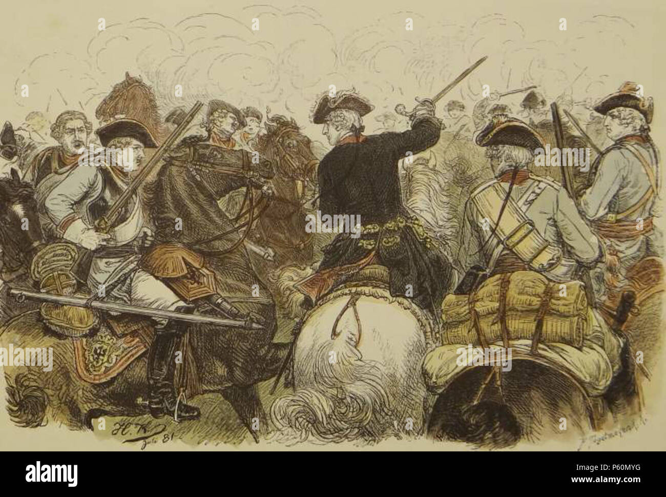 N/A. English: 'Battle of Malujowicami' 1741 = 'Battle of Mollwitz' Coloured woodcut from 1880 showing Austrian troops struggling with Prussian troops, led by Frederick II . 1880. August Heinrich Ferdinand Tegetmeyer (1844-1912) 553 Ferdinand Tegetmeyer04 Stock Photo
