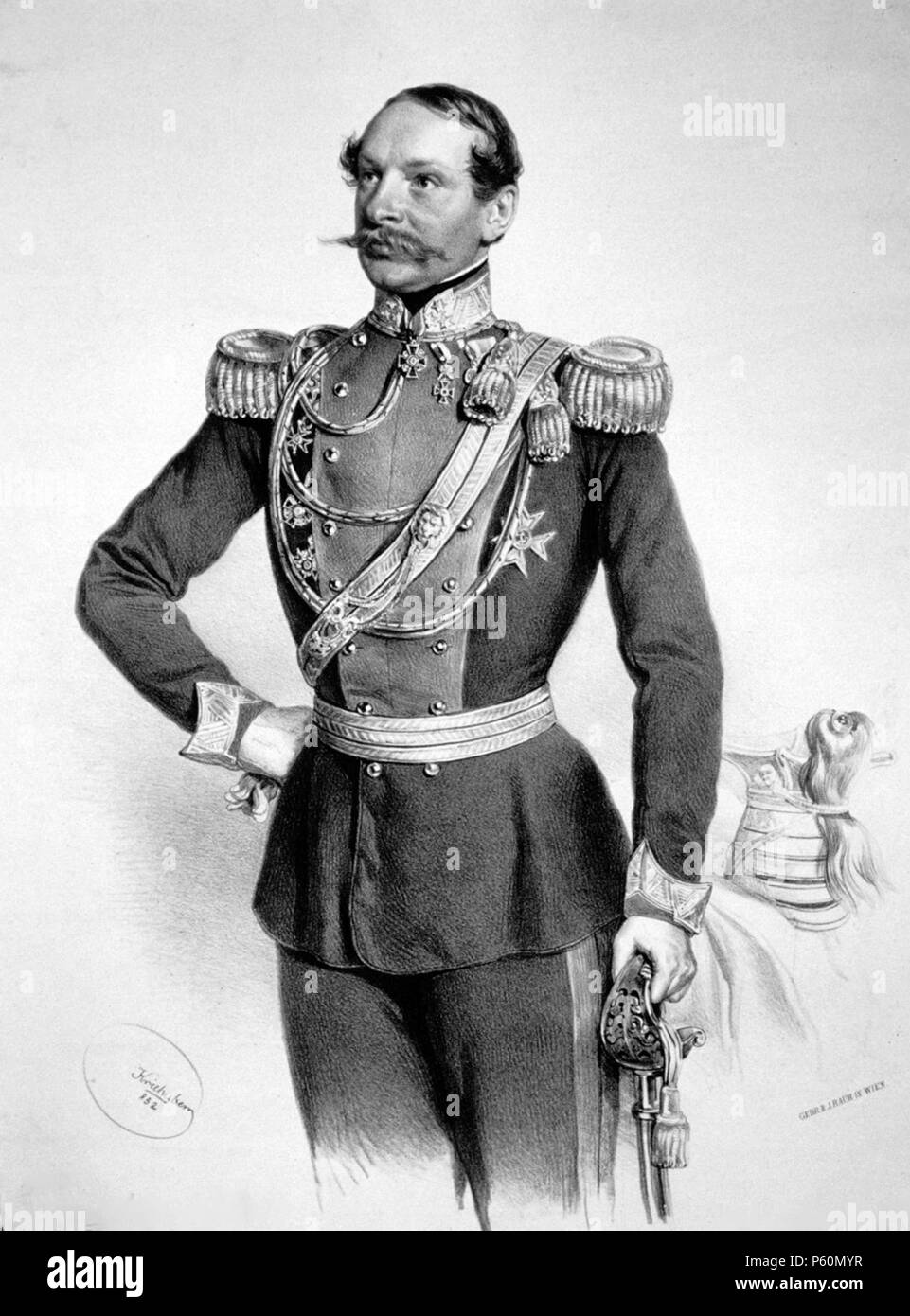 N/A. Deutsch: Ferdinand Graf Vetter von der Lilie (1812-1882) als Oberst und Kommandant 3. Uhlanenregiment. Später Feldmarschallleutnant. Lithographie von Josef Kriehuber, 1852 . 1852. Josef Kriehuber (1800 -1876); Foto member Peter Geymayer 553 Ferdinand Vetter von der Lilie Litho Stock Photo