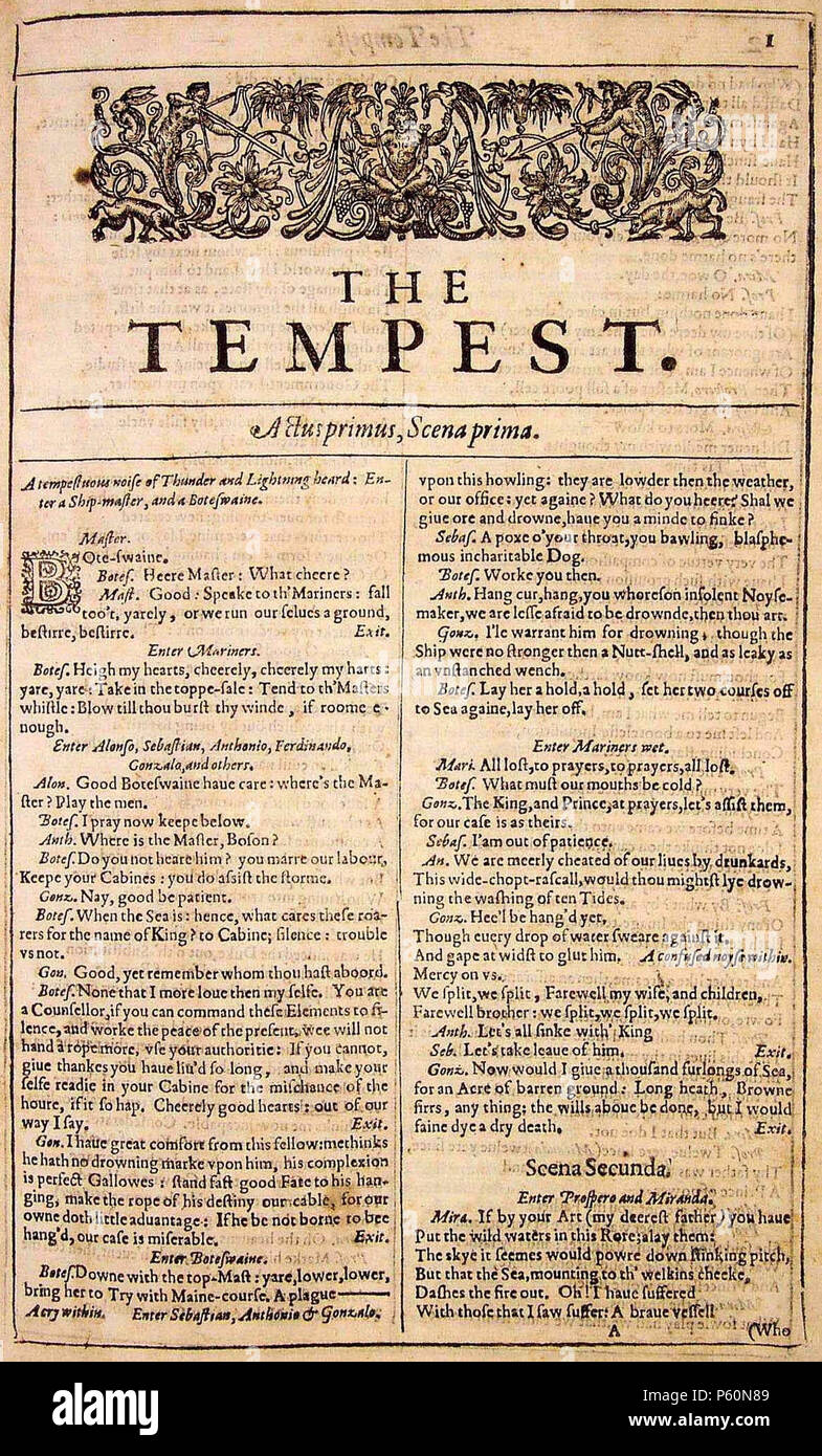 N/A. English: Title page of w:The Tempest from the 1623 w:First Folio. 1623. w:William Shakespeare 555 FF The Tempest title Stock Photo