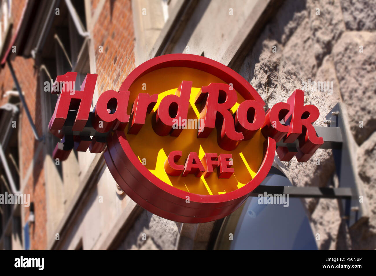 Copenhagen, Denmark - June 26, 2018: Hard Rock Cafe Inc. is a chain of theme restaurants founded in 1971, Restaurant sign on building Stock Photo