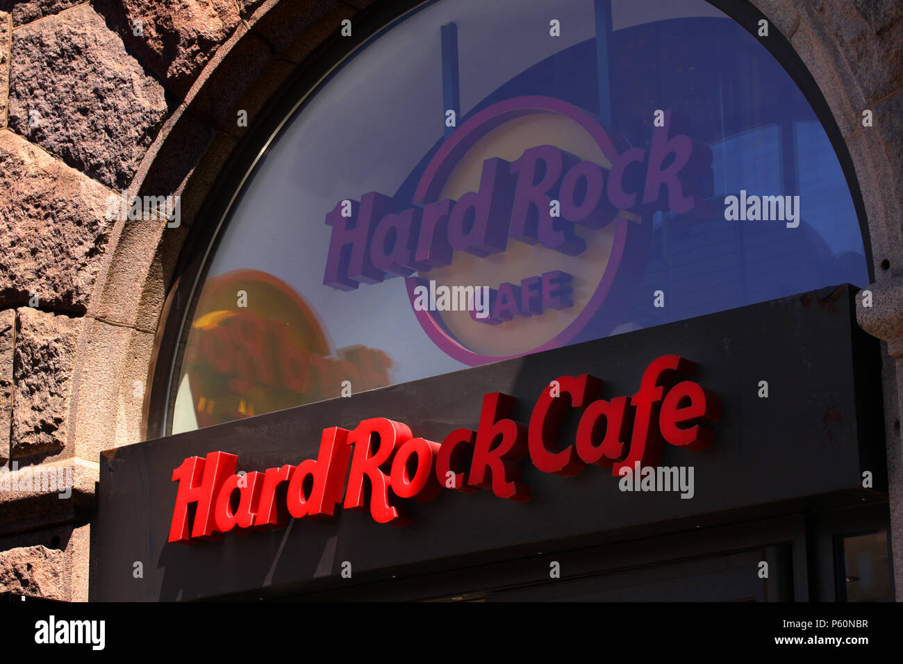 Copenhagen, Denmark - June 26, 2018: Hard Rock Cafe Inc. is a chain of theme restaurants founded in 1971, Restaurant sign on building Stock Photo