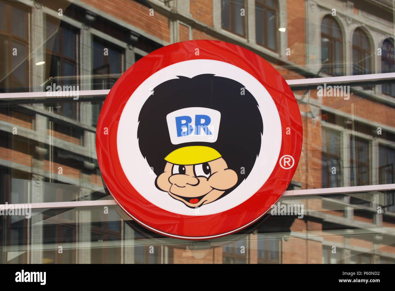 Copenhagen, Denmark - June 26, 2018: BR logo on a wall. BR toys is a chain of toy shops in Denmark Stock Photo