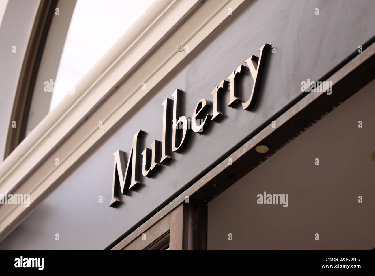 Copenhagen, Denmark - June 26, 2018: Mulberry logo panel in front ...