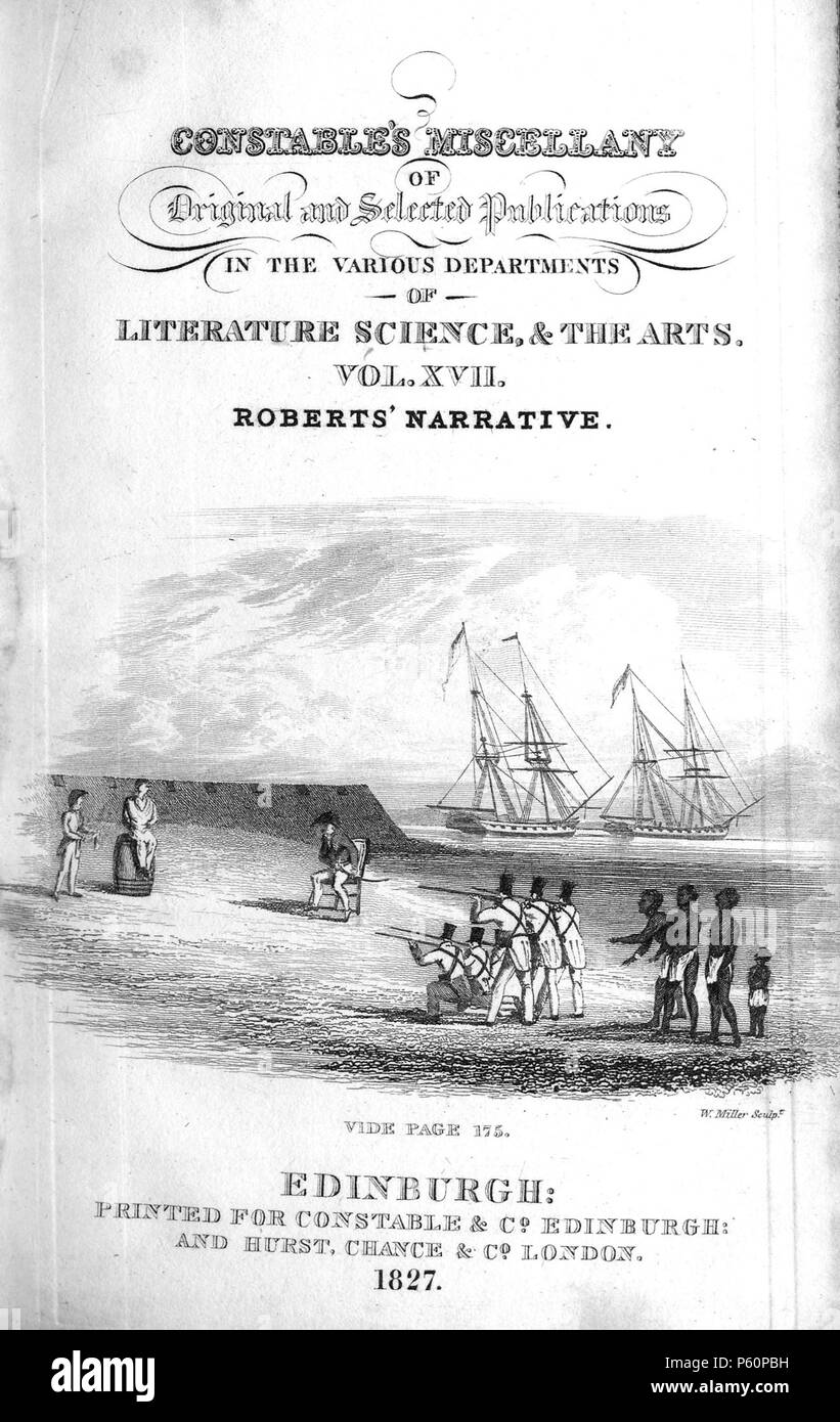 N/A. Roberts about to be Shot, engraved on steel by William Miller from 'Constable's Miscellany of Original and Selected Publications in the Various Departments of Literature, the Sciences & the Arts: Volume XVII Roberts' Narrative' (Edinburgh Printed for Archibald Constable & Co, and Hurst, Robinson & Co, London 1827) . 1827.   William Miller  (1796–1882)     Alternative names William Frederick I Miller; William Frederick, I Miller  Description Scottish engraver  Date of birth/death 28 May 1796 20 January 1882  Location of birth/death Edinburgh Sheffield  Authority control  : Q2580014 VIAF:75 Stock Photo