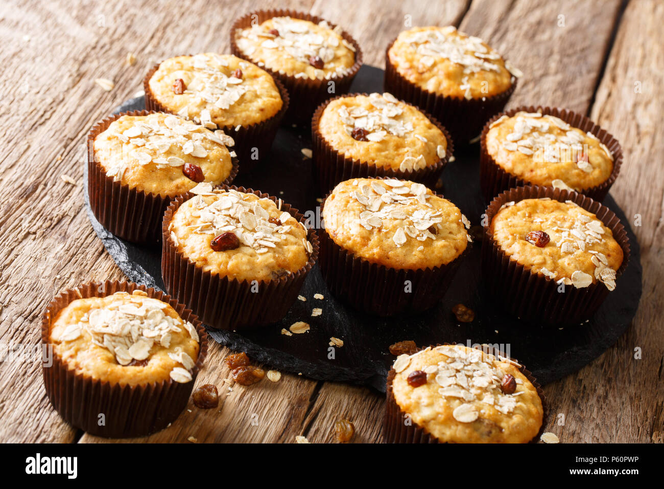 Lowcalorie muffins of oatmeal with raisins and honey closeup on the