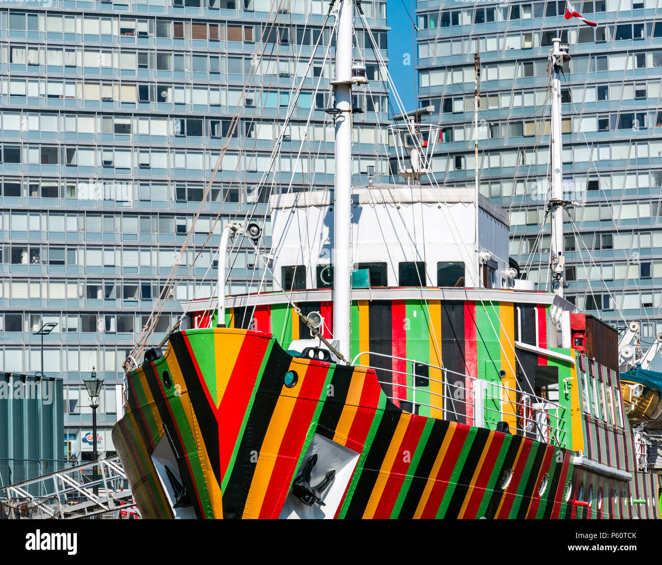 Colourful dazzle ship, commissioned by 1418 NOW WW1 Centenary Art Commission, Merseyside Maritime Museum. Graving Dock, Liverpool, England, UK Stock Photo