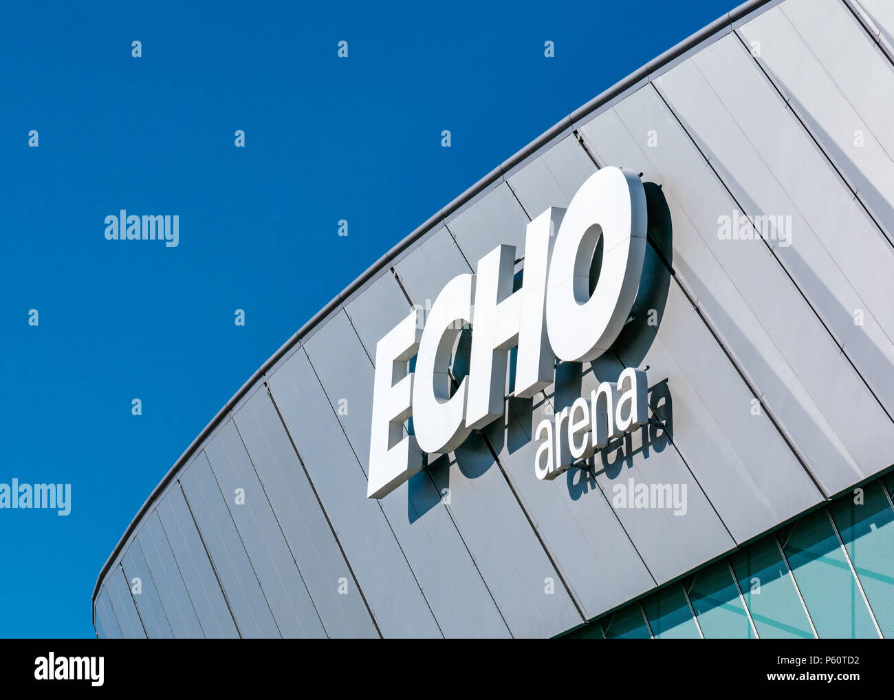 Close up view of name of Echo Arena Liverpool with blue sky, King's Dock, Liverpool, England, UK Stock Photo