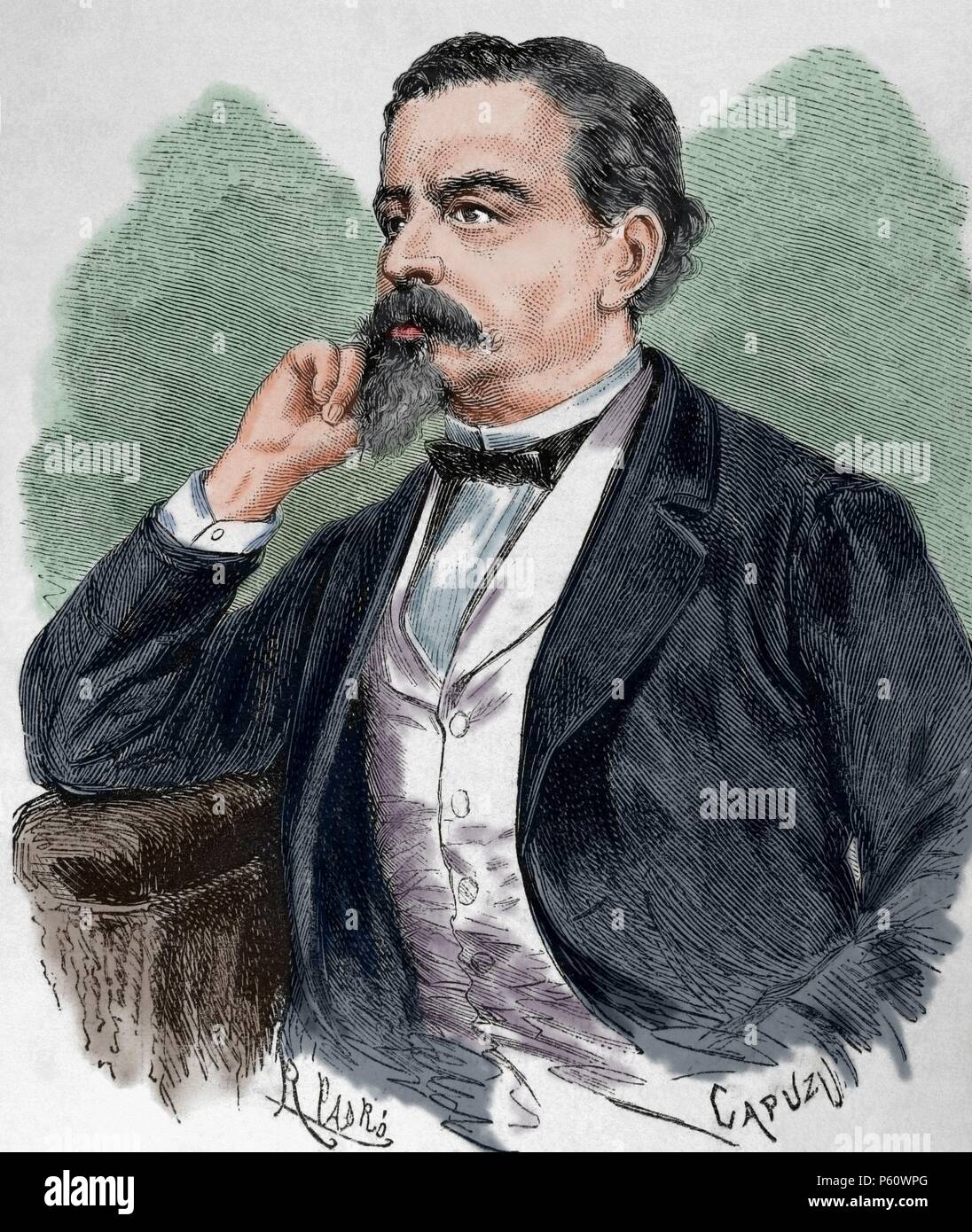 Francisco Camprodon Lafont (1816-1870). Spanish writer. Engraving by Capuz (1824-1899). The Spanish and American Illustration, 1870. Colored. Stock Photo