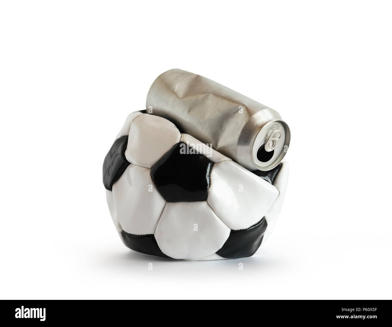 Fan football concept. Empty beer can on deflated ball Stock Photo