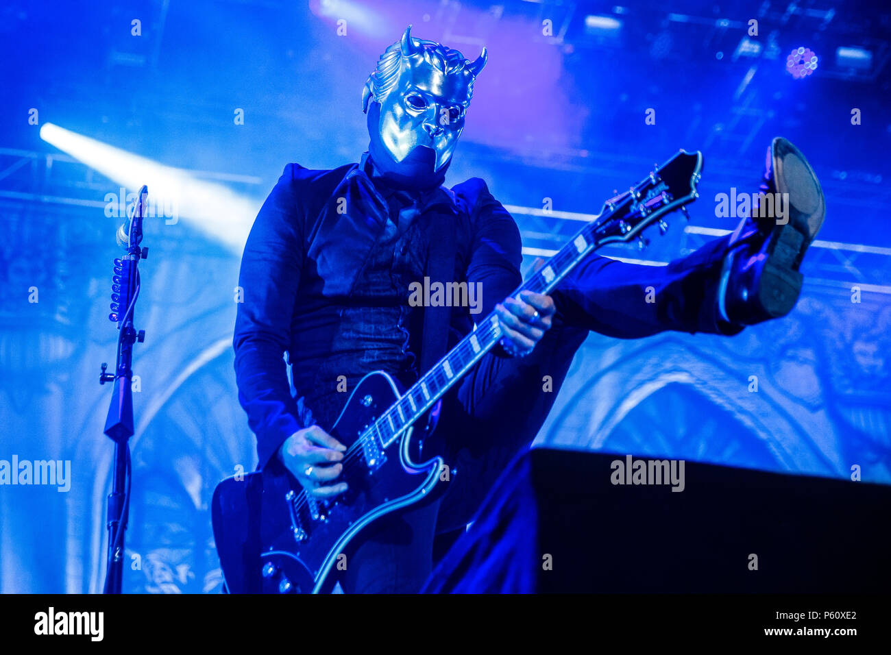 Denmark, Copenhagen - June 24, 2018. The Swedish doom metal band Ghost  performs a live concert during the Danish heavy metal festival Copenhell  2018 in Copenhagen. Here one of the Nameless Ghouls