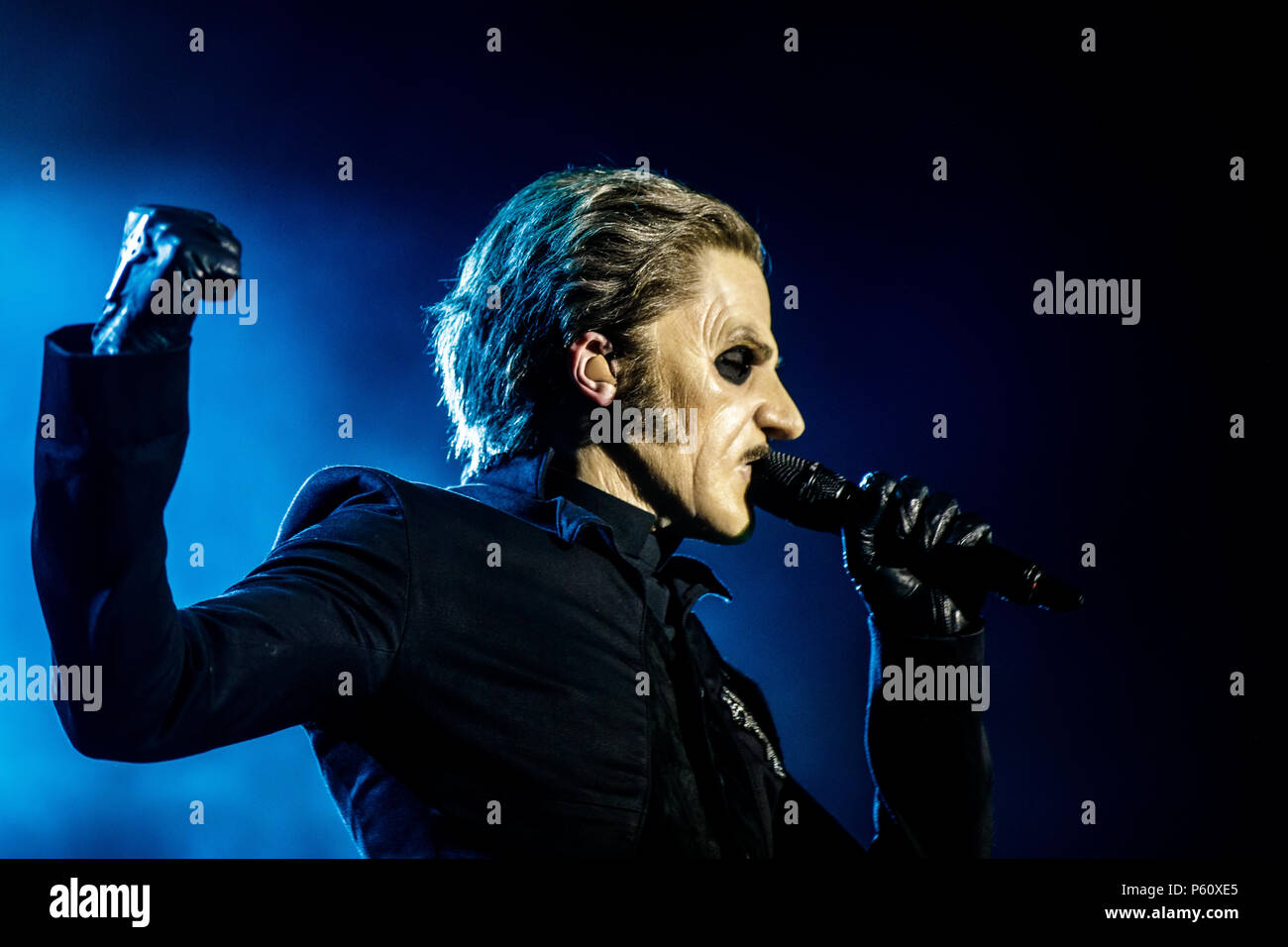 Denmark, Copenhagen - June 24, The Swedish doom metal band Ghost performs a live concert during the Danish metal Copenhell 2018 in Copenhagen. Here vocalist Tobias Forge a.k.a. Papa