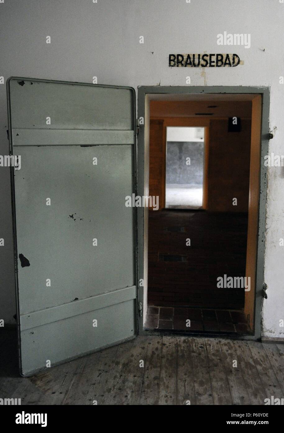 Dachau concentration camp. Fist of the Nazi concentration camps opened in Germany. Opened in 1933. Access door to the gas chamber. Disguised as 'brausebad' gang showers. Near Munich. Germany. Stock Photo