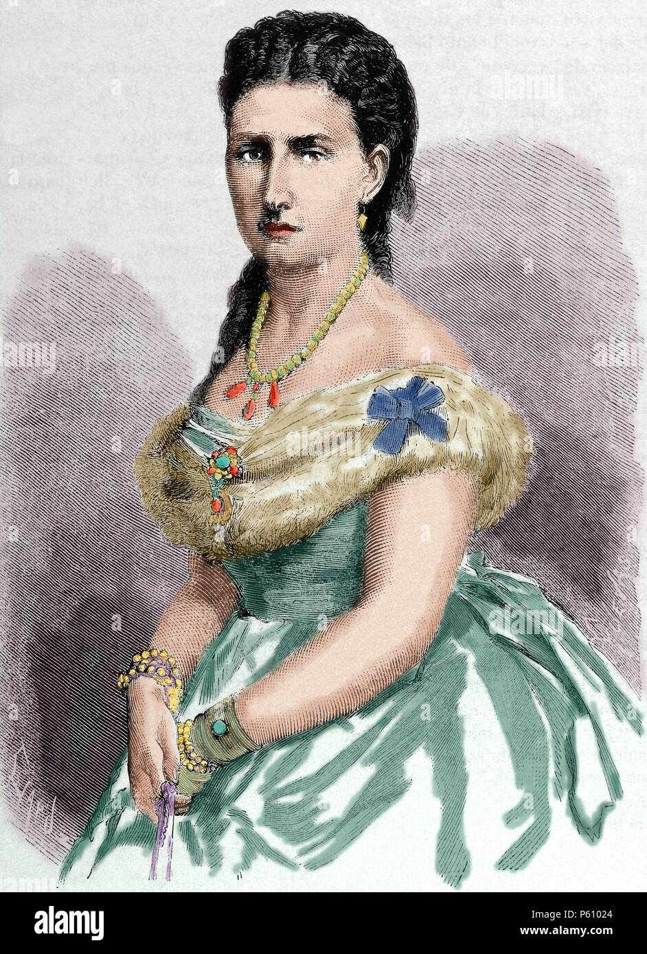 Infanta Antonia of Portugal or of Braganza. (1845 âA i 1913). Was a Portuguese infanta (princess) of the House of Braganza-Saxe-Coburg and Gotha, daughter of Queen Maria II of Portugal and her King consort Ferdinand II of Portugal. She married Leopold, Prince of Hohenzollern-Sigmaringen. Engraving by Tomas Carlos Capus.The Spanish and American illustration, 1870. Colored. Stock Photo
