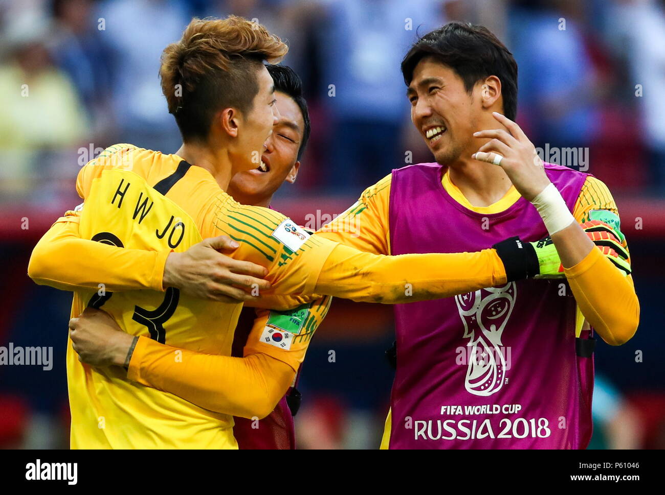 Kazan Russia 27th June 18 South Korea S Goalkeeper Cho Hyun Woo L And Kim Jin Hyeon Celebrate Winning Their 18 Fifa World Cup Group F Match Against Germany With A 2 0 Score At Kazan