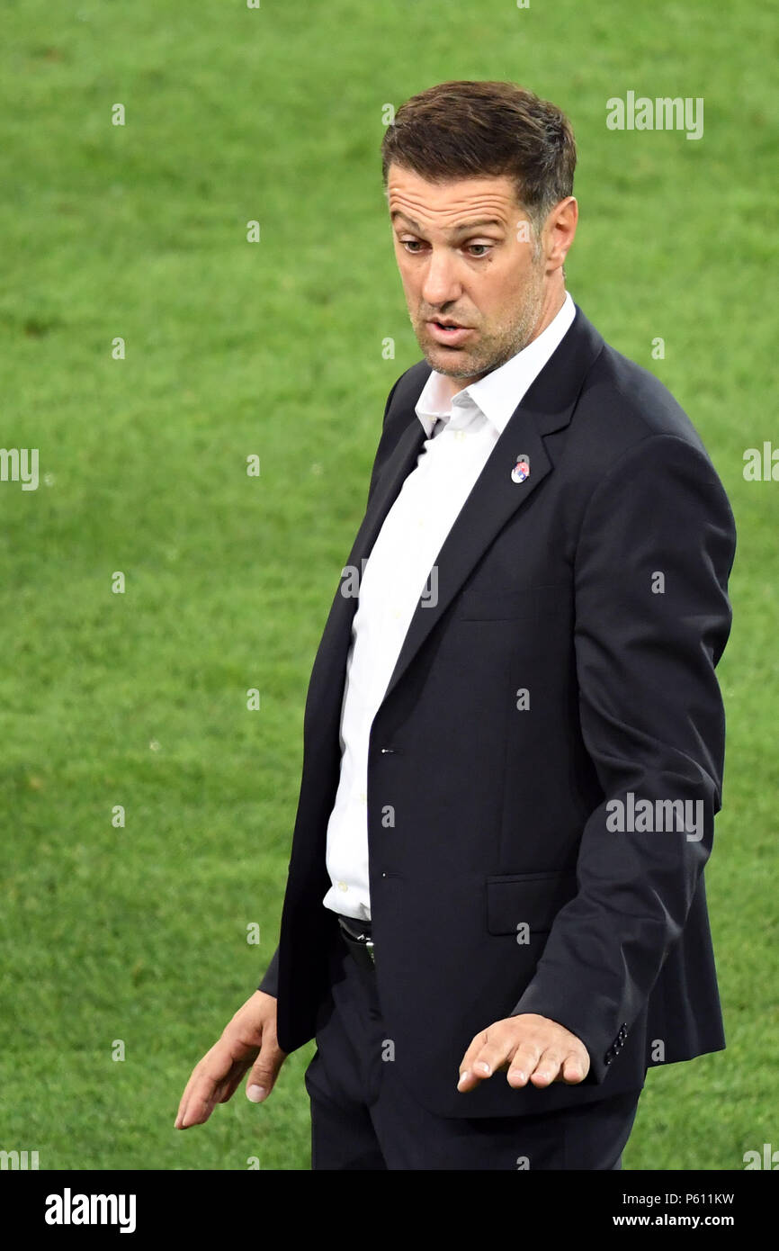 Moscow, Russia. 27th June, 2018. Soccer, World Cup, Serbia vs Brazil, group E, at the Spartak-Stadium. Serbia's trainer Mladen Krstajic. Credit: Federico Gambarini/dpa/Alamy Live News Stock Photo