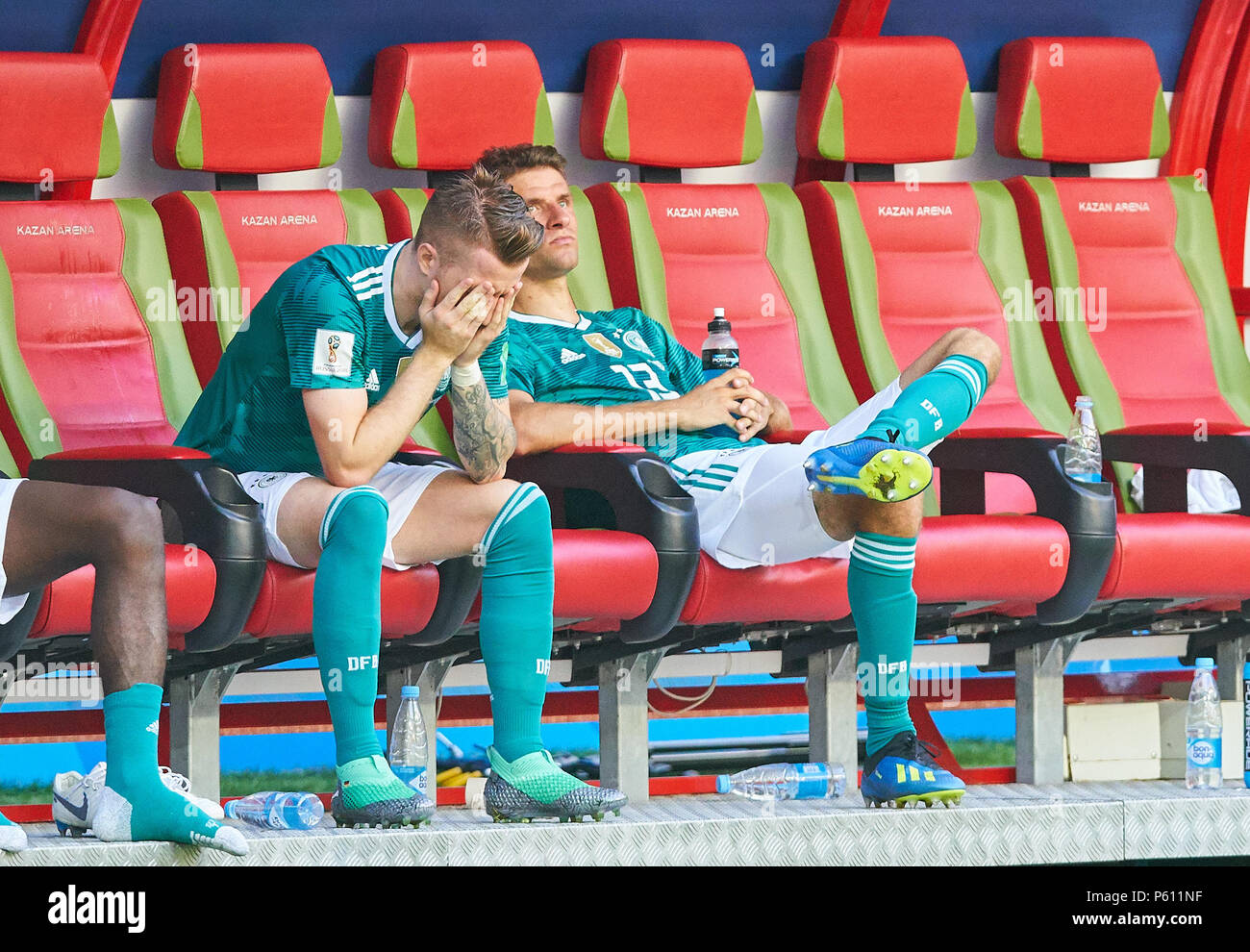 Germany - South Korea, Soccer, Kazan, June 27, 2018 Marco REUS, 11 DFB Thomas MUELLER, DFB 13  Julian BRANDT, DFB 20 sad, disappointed, angry, Emotions, disappointment, frustration, frustrated, sadness, desperate, despair,  GERMANY - KOREA REPUBLIC 0-2  FIFA WORLD CUP 2018 RUSSIA, Group F, Season 2018/2019,  June 27, 2018  Stadium K a z a n - A r e n a in Kazan, Russia. © Peter Schatz / Alamy Live News Stock Photo