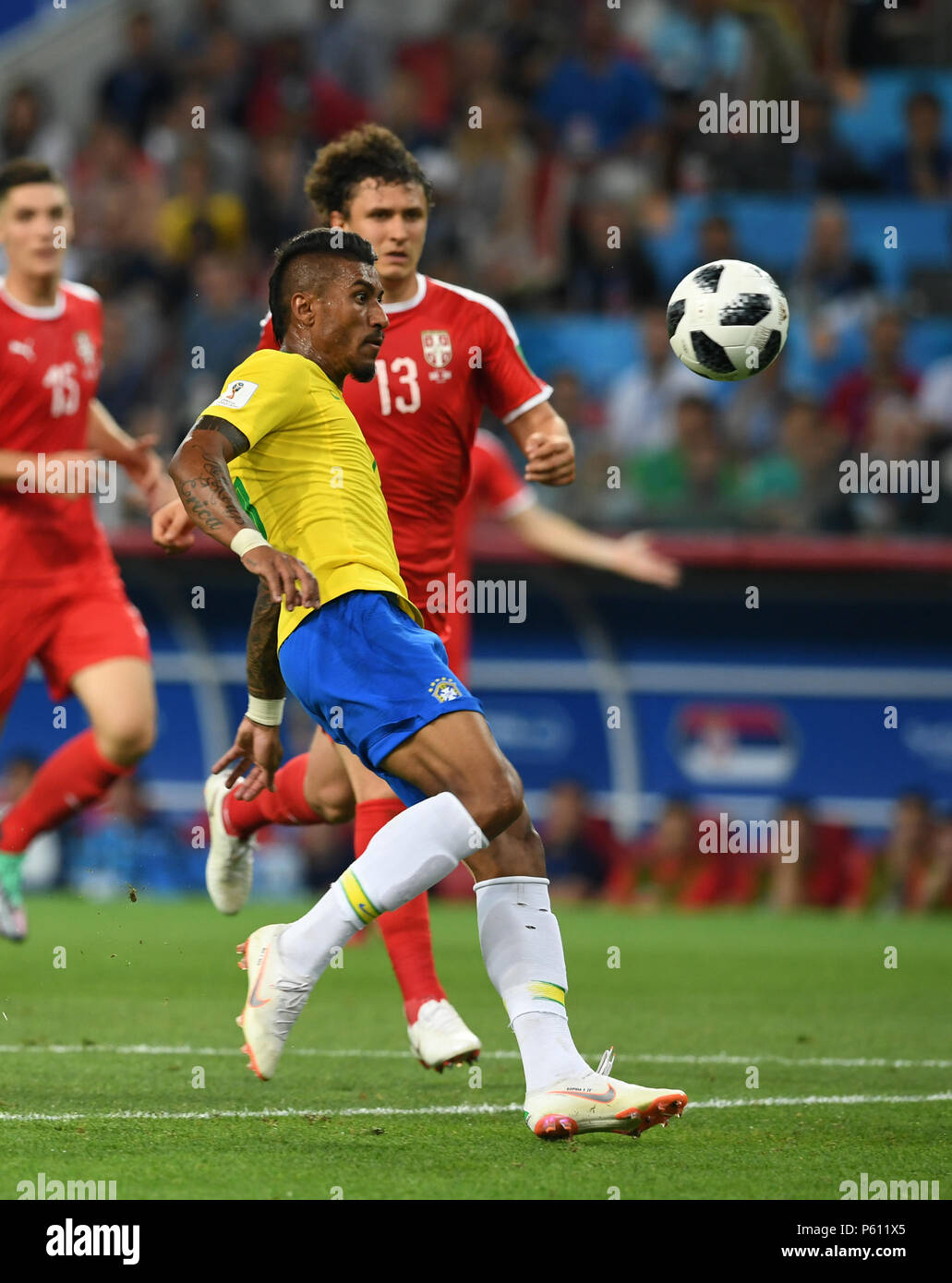 Moscow, Russia. 27th June, 2018. Paulinho (C) of Brazil shoots to score during the 2018 FIFA World Cup Group E match between Brazil and Serbia in Moscow, Russia, June 27, 2018. Credit: Du Yu/Xinhua/Alamy Live News Stock Photo