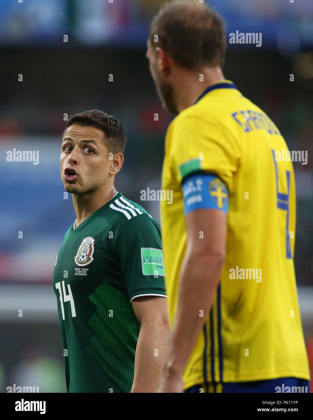 Yekaterinburg, Russia. 27th June, 2018. Javier Hernandez (L) of Mexico reacts during the 2018 FIFA World Cup Group F match between Mexico and Sweden in Yekaterinburg, Russia, June 27, 2018. Sweden won 3-0. Mexico and Sweden advanced to the round of 16. Credit: Li Ming/Xinhua/Alamy Live News Stock Photo