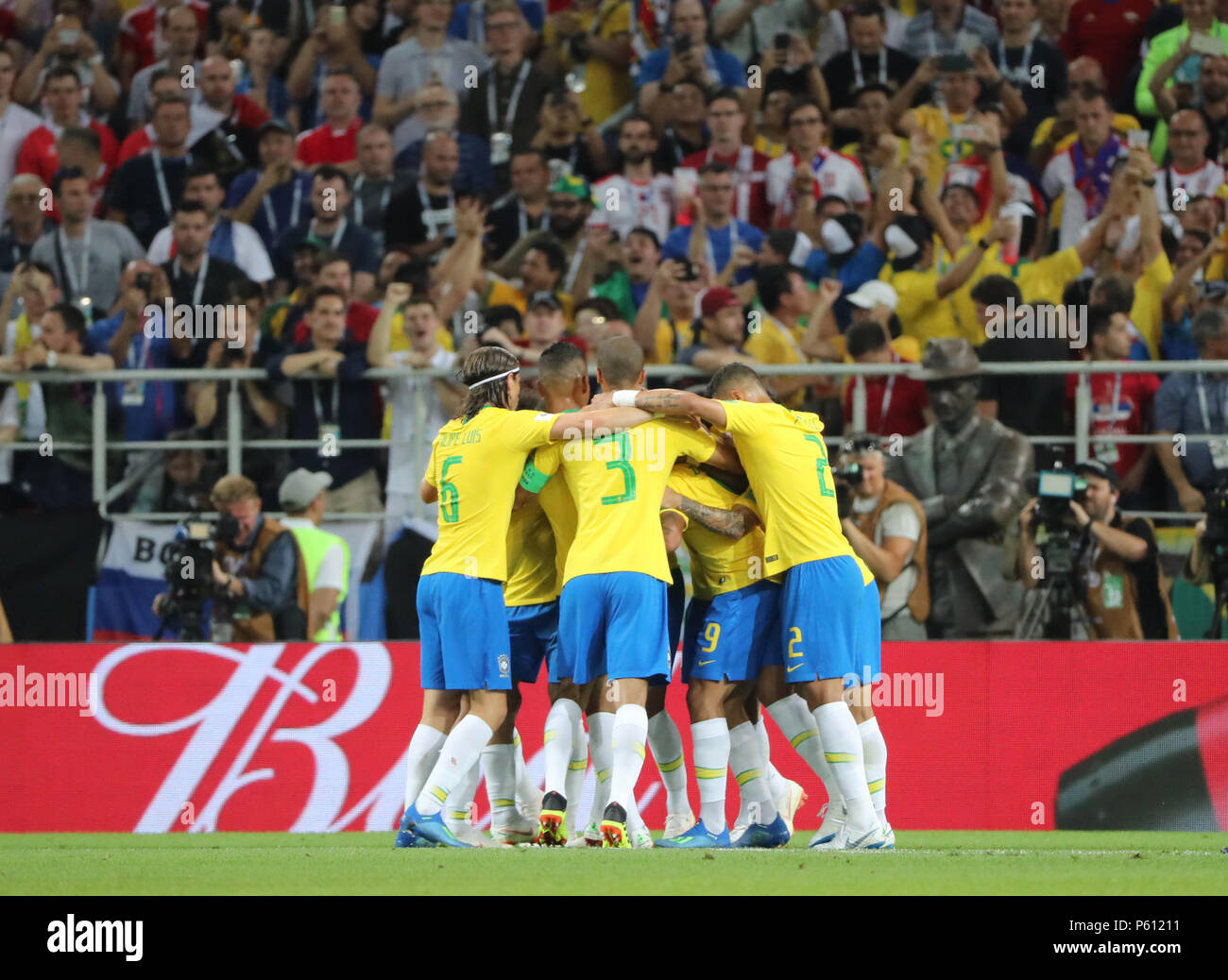 Moscow, Russia. 27th June, 2018. Players of Brazil celebrate Paulinho's goal during the 2018 FIFA World Cup Group E match between Brazil and Serbia in Moscow, Russia, June 27, 2018. Credit: Bai Xueqi/Xinhua/Alamy Live News Stock Photo