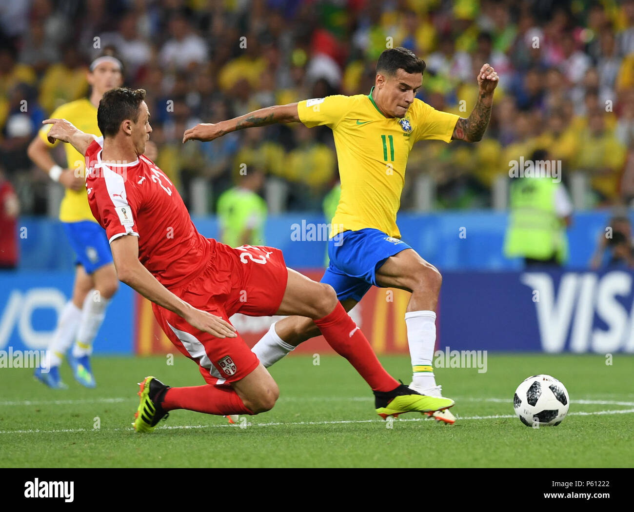 Moscow, Russia. 27th June, 2018. Philippe Coutinho (R) of Brazil vies with Nemanja Matic of Serbia during the 2018 FIFA World Cup Group E match between Brazil and Serbia in Moscow, Russia, June 27, 2018. Credit: Du Yu/Xinhua/Alamy Live News Stock Photo