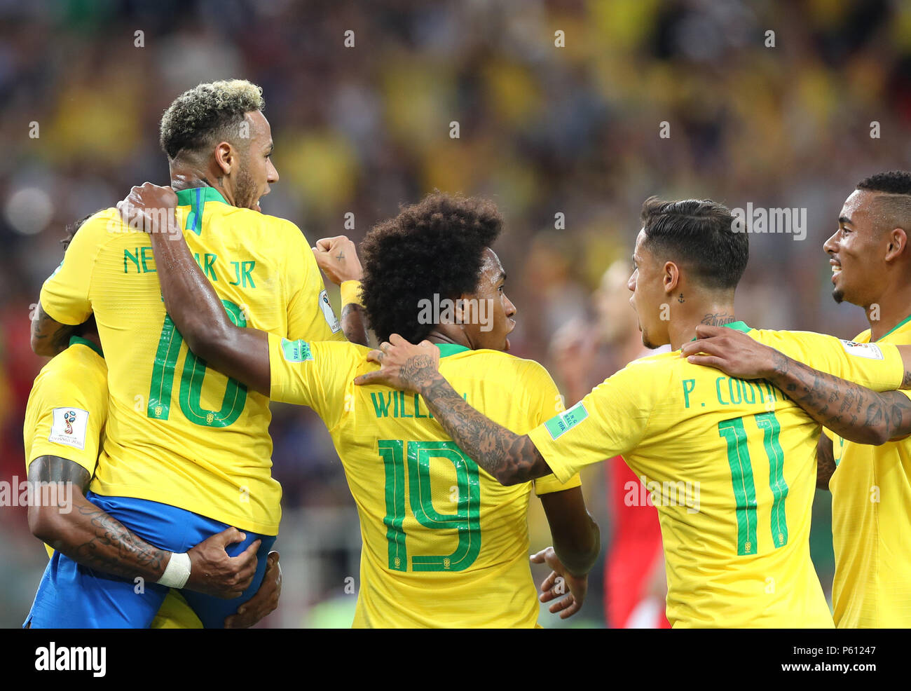 Moscow, Russia. 27th June, 2018. Players of Brazil celebrate Paulinho's goal during the 2018 FIFA World Cup Group E match between Brazil and Serbia in Moscow, Russia, June 27, 2018. Credit: Cao Can/Xinhua/Alamy Live News Stock Photo