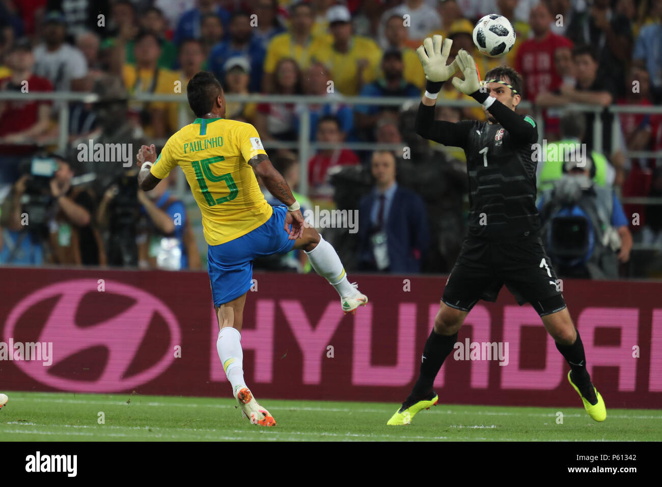 Paulinho & Vladimir Stojkovic SERBIA V BRAZIL SERBIA V BRAZIL, 2018 FIFA WORLD CUP RUSSIA 27 June 2018 GBC8905 2018 FIFA World Cup Russia Spartak Stadium Moscow STRICTLY EDITORIAL USE ONLY. If The Player/Players Depicted In This Image Is/Are Playing For An English Club Or The England National Team. Then This Image May Only Be Used For Editorial Purposes. No Commercial Use. The Following Usages Are Also Restricted EVEN IF IN AN EDITORIAL CONTEXT: Use in conjuction with, or part of, any unauthorized audio, video, data, fixture lists, club/league logos, Betting, Games or any 'li Stock Photo