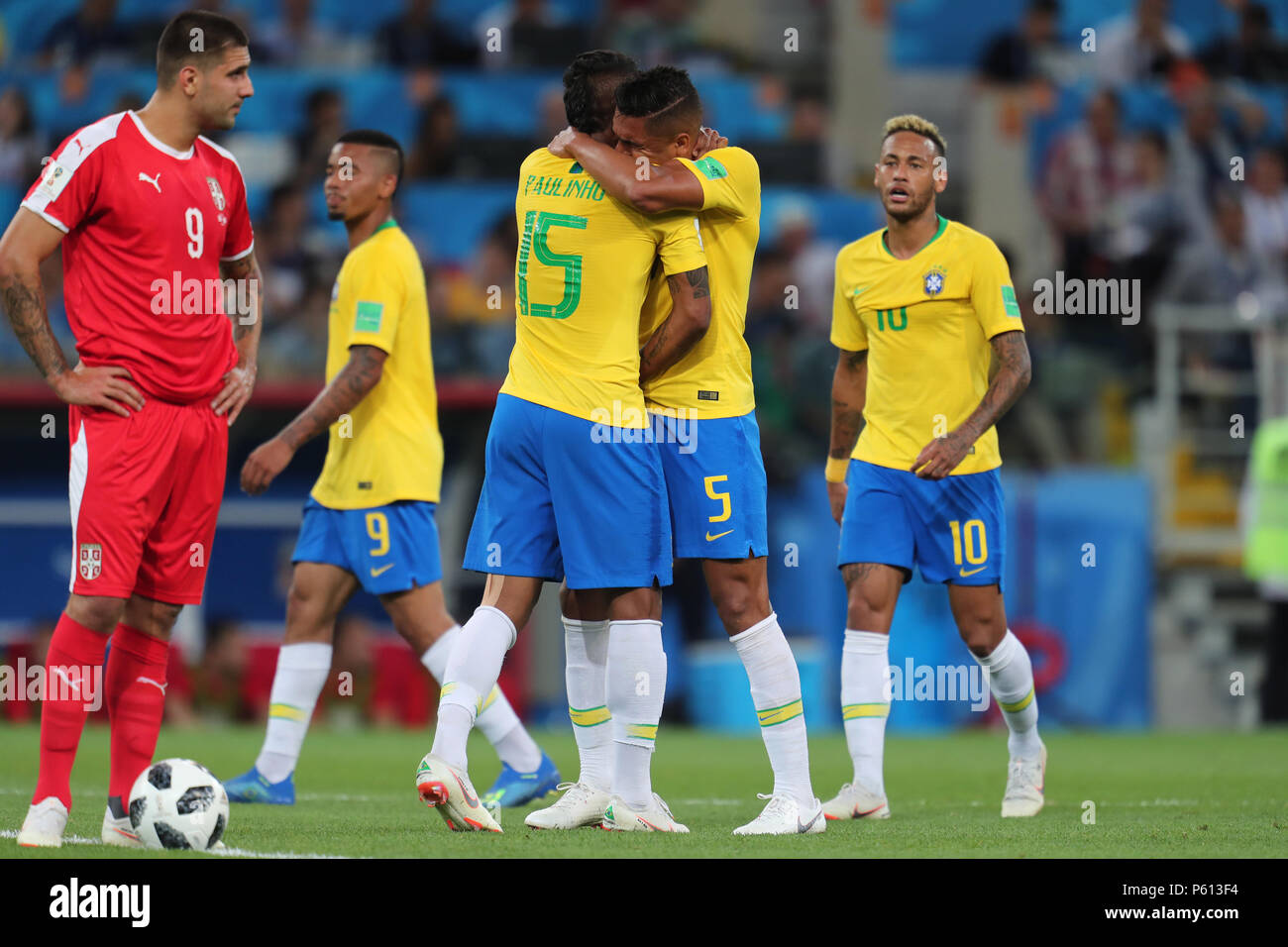 Aleksandar Mitrovic, Gabriel Jesus, Paulinho, Casimiro, Neymar SERBIA V BRAZIL SERBIA V BRAZIL, 2018 FIFA WORLD CUP RUSSIA 27 June 2018 GBC8911 2018 FIFA World Cup Russia Spartak Stadium Moscow STRICTLY EDITORIAL USE ONLY. If The Player/Players Depicted In This Image Is/Are Playing For An English Club Or The England National Team. Then This Image May Only Be Used For Editorial Purposes. No Commercial Use. The Following Usages Are Also Restricted EVEN IF IN AN EDITORIAL CONTEXT: Use in conjuction with, or part of, any unauthorized audio, video, data, fixture lists, club/league Stock Photo