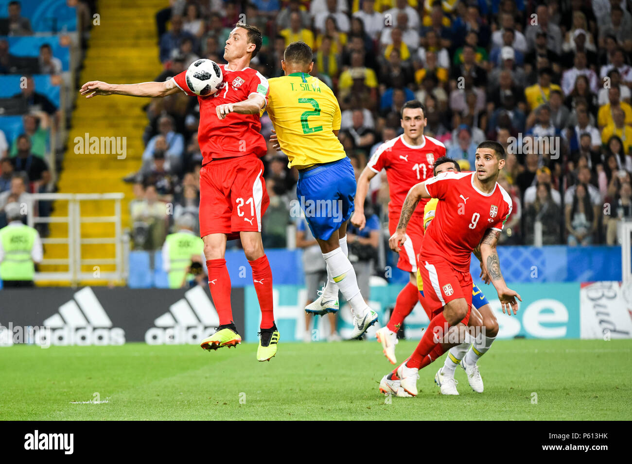 Spartak Stadium, Moscow, Russia. 27th June, 2018. FIFA World Cup Football, Group E, Serbia versus Brazil; Nemanja Matic of Serbia trying to take the ball down challenged by Thiago Silva of Brazil Credit: Action Plus Sports/Alamy Live News Stock Photo