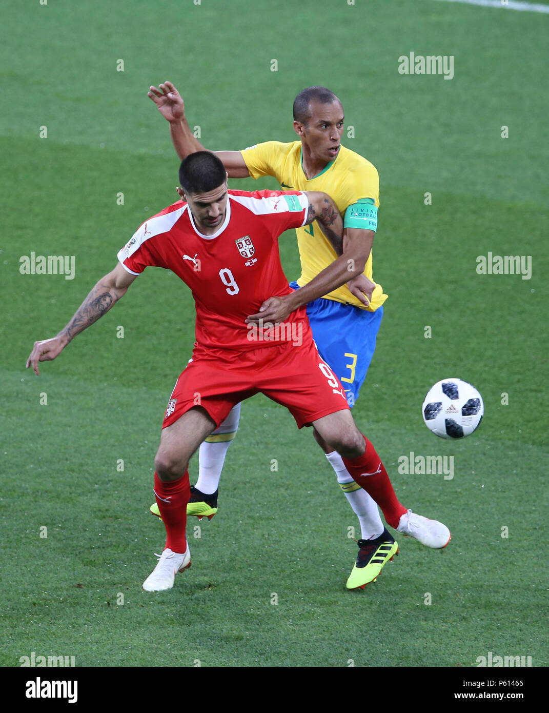 Moscow, Russia. 27th Jun, 2018.  2018 FIFA WORLD CUP RUSSIA at Spartak Stadium Moscow: Serbia Vs Brazil Group E Match No: 41.  Serbian footballar Alexandar MITROVIC  and Brazillian MIRANDA  a fierse fighting.  Brazil Won the match by 2:0  Seshadri SUKUMAR Credit: Seshadri SUKUMAR/Alamy Live News Stock Photo