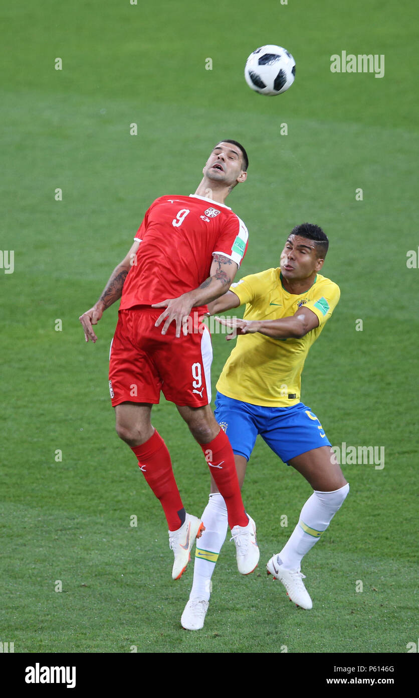 Moscow, Russia. 27th Jun, 2018.  2018 FIFA WORLD CUP RUSSIA at Spartak Stadium Moscow: Serbia Vs Brazil Group E Match No: 41.   Brazillian Paulhino and serbia's Alaxandra MITROVIC  in action. Brazil Won the match by 2:0  Seshadri SUKUMAR Credit: Seshadri SUKUMAR/Alamy Live News Stock Photo