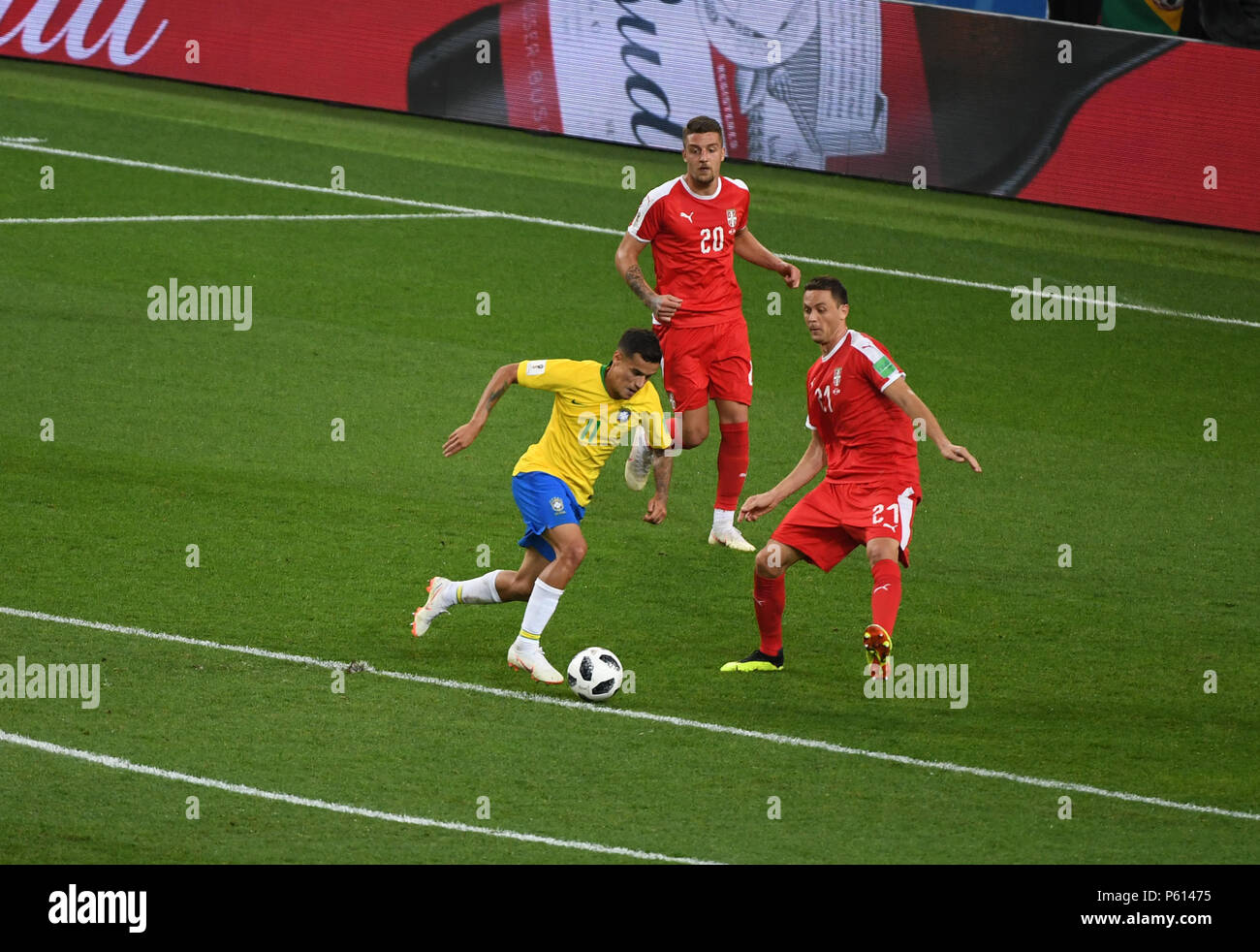 Moscow, Russia. 27th Jun, 2018.  2018 FIFA WORLD CUP RUSSIA at Spartak Stadium Moscow: Serbia Vs Brazil Group E Match No: 41.  Philippe Countinho of Brazil and Nemanja MATIC in action during the match in spartek, Moscow Brazil Won the match by 2:0  Seshadri SUKUMAR Credit: Seshadri SUKUMAR/Alamy Live News Stock Photo