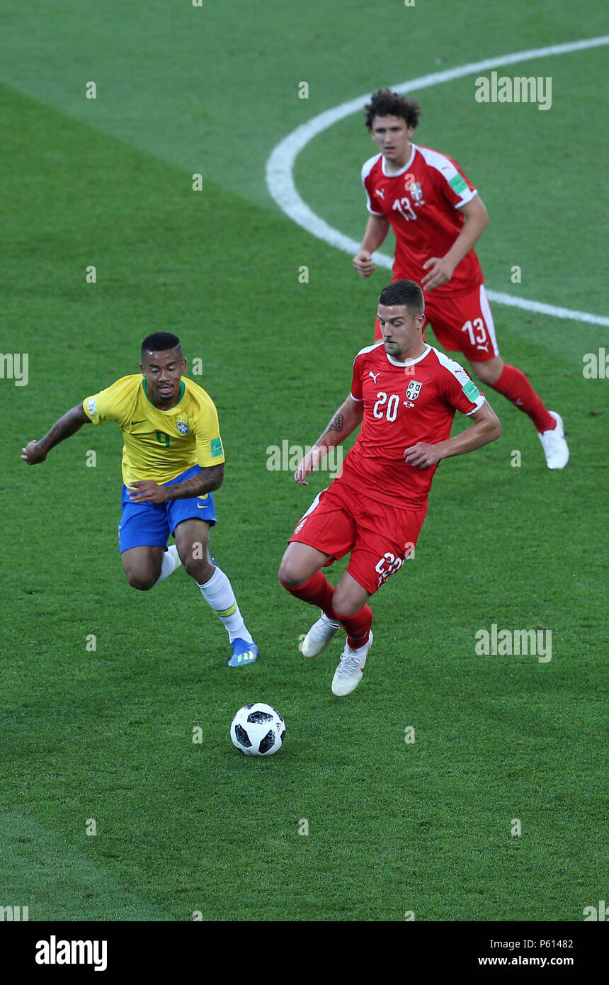 Moscow, Russian. 27th June, 2018. 27.06.2018. MOSCOW, Russian:GABRIEL JESUS, SAVIC in action during the Fifa World Cup Russia 2018, Group E, football match between SERBIA VS BRAZIL in SPARTAK Stadium IN MOSCOW. Credit: Independent Photo Agency/Alamy Live News Stock Photo