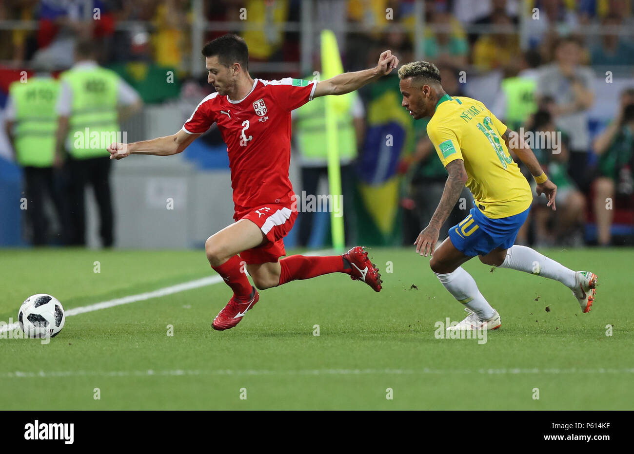 Moscow, Russia. 27th June, 2018. Neymar (R) of Brazil vies with Antonio Rukavina of Serbia during the 2018 FIFA World Cup Group E match between Serbia and Brazil in Moscow, Russia, June 27, 2018. Brazil won 2-0 and advanced to the round of 16. Credit: Xu Zijian/Xinhua/Alamy Live News Stock Photo