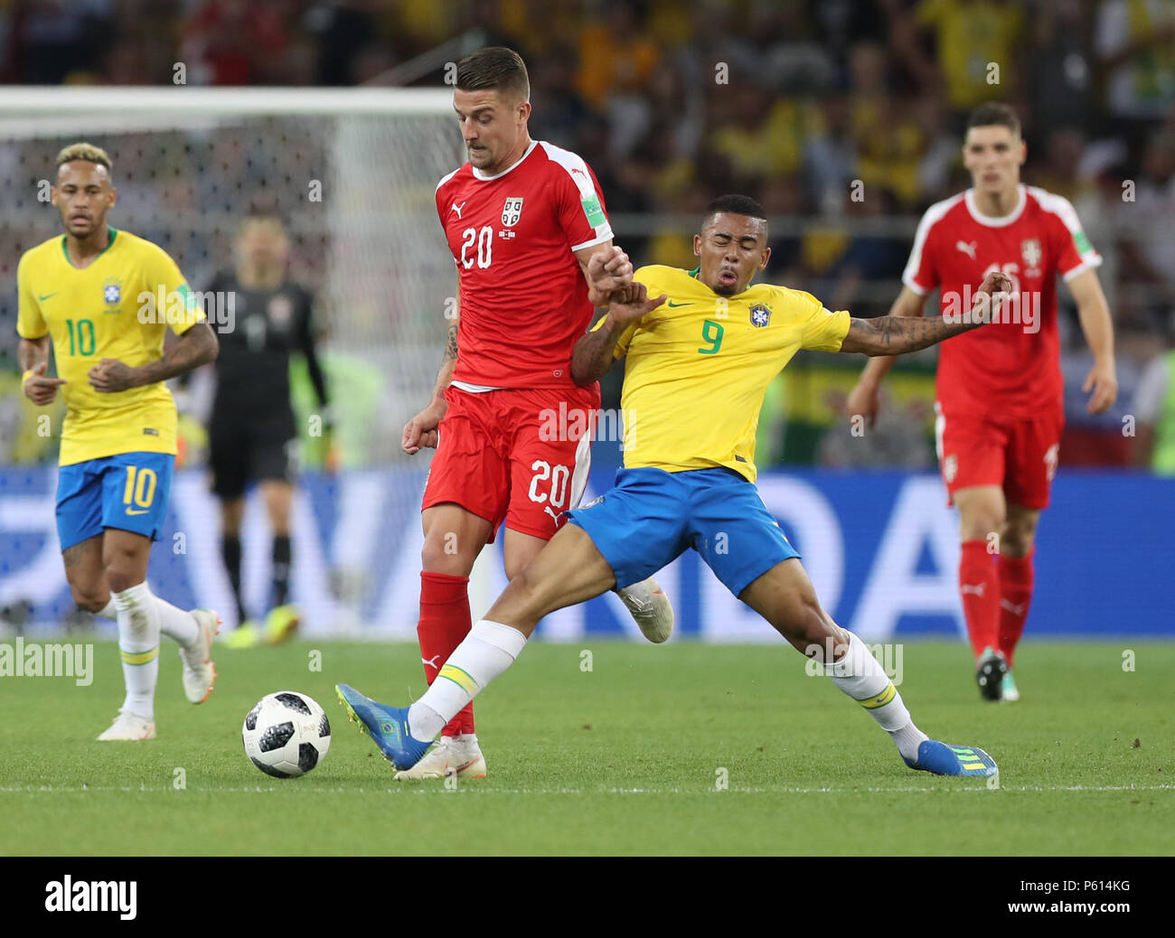 Moscow, Russia. 27th June, 2018. Gabriel Jesus (R front) of Brazil vies with Sergej Milinkovic-Savic (L front) of Serbia during the 2018 FIFA World Cup Group E match between Serbia and Brazil in Moscow, Russia, June 27, 2018. Brazil won 2-0 and advanced to the round of 16. Credit: Xu Zijian/Xinhua/Alamy Live News Stock Photo