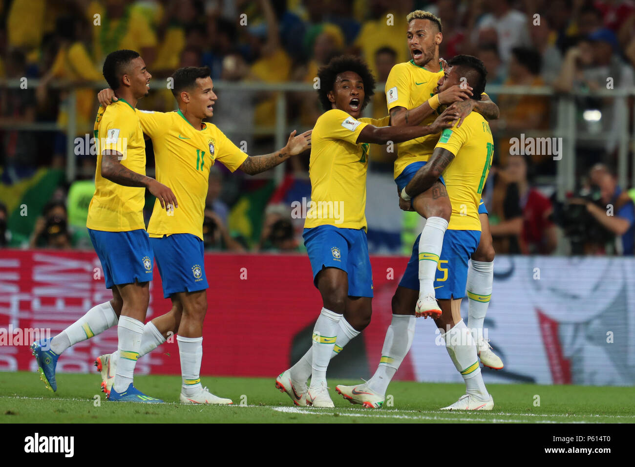 Gabriel Jesus, Philippe Coutinho, Willian, Neymar, Paulinho SERBIA V BRAZIL SERBIA V BRAZIL, 2018 FIFA WORLD CUP RUSSIA 27 June 2018 GBC8963 2018 FIFA World Cup Russia Spartak Stadium Moscow STRICTLY EDITORIAL USE ONLY. If The Player/Players Depicted In This Image Is/Are Playing For An English Club Or The England National Team. Then This Image May Only Be Used For Editorial Purposes. No Commercial Use. The Following Usages Are Also Restricted EVEN IF IN AN EDITORIAL CONTEXT: Use in conjuction with, or part of, any unauthorized audio, video, data, fixture lists, club/league lo Stock Photo