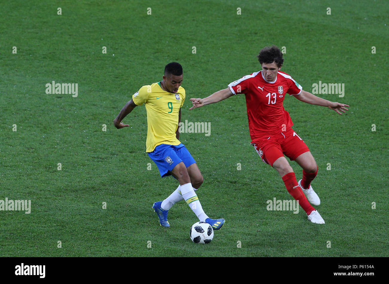 Moscow, Russian. 27th June, 2018. 27.06.2018. MOSCOW, Russian:GABRIEL JESUS, VELJKOVIC in action during the Fifa World Cup Russia 2018, Group E, football match between SERBIA VS BRAZIL in SPARTAK Stadium IN MOSCOW. Credit: Independent Photo Agency/Alamy Live News Stock Photo