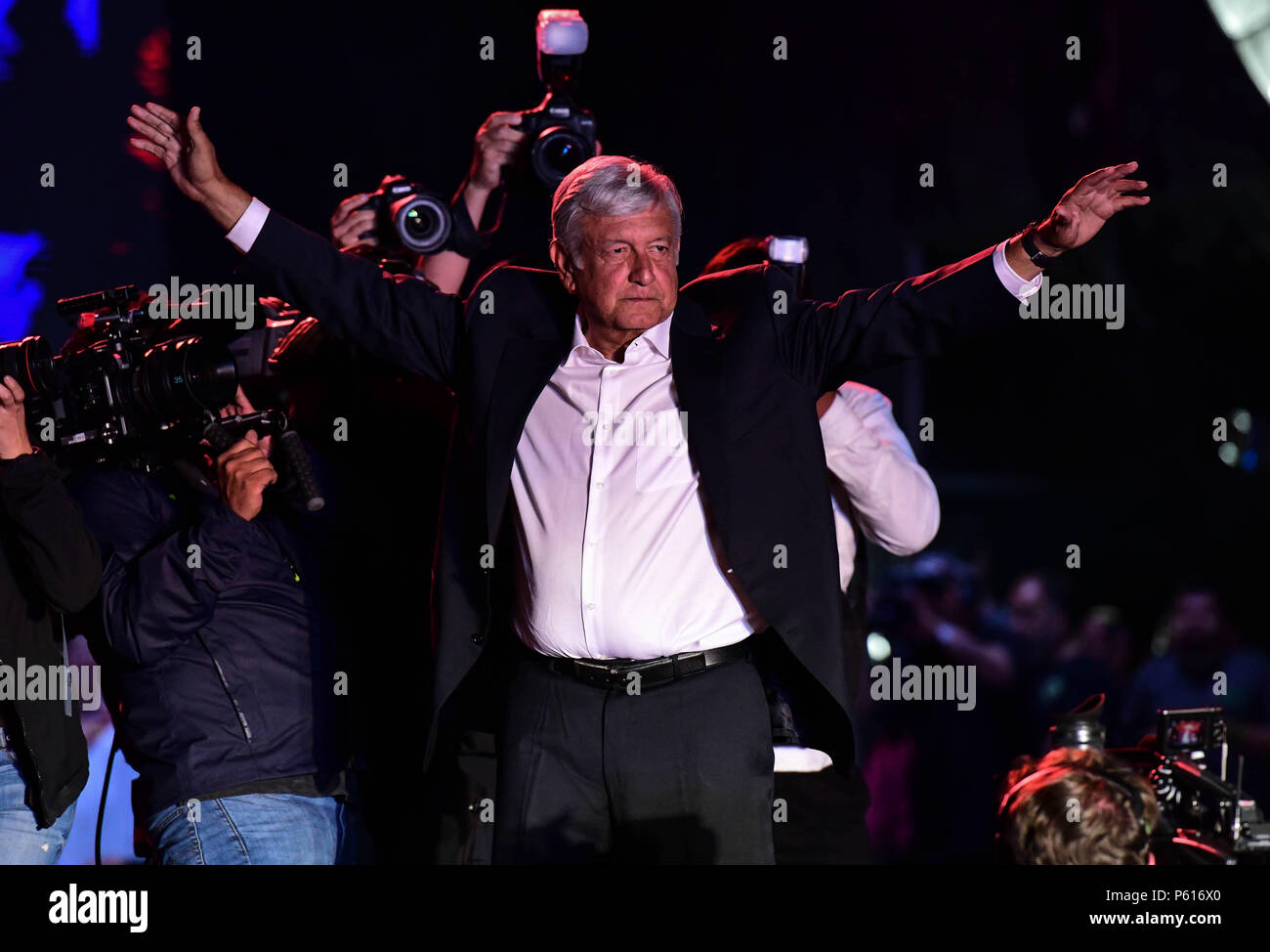 Mexico, Ciudad de Mexico, Mexico. 27th June, 2018. Presidential candidate Manuel Lopez Obrador speaks at his closing rally at the Azteca stadium in Mexico City Wednesday, ahead of presidential elections on July 1. Obrador leads on the presidential race by 20 points. Credit: Miguel Juarez Lugo/ZUMA Wire/Alamy Live News Stock Photo
