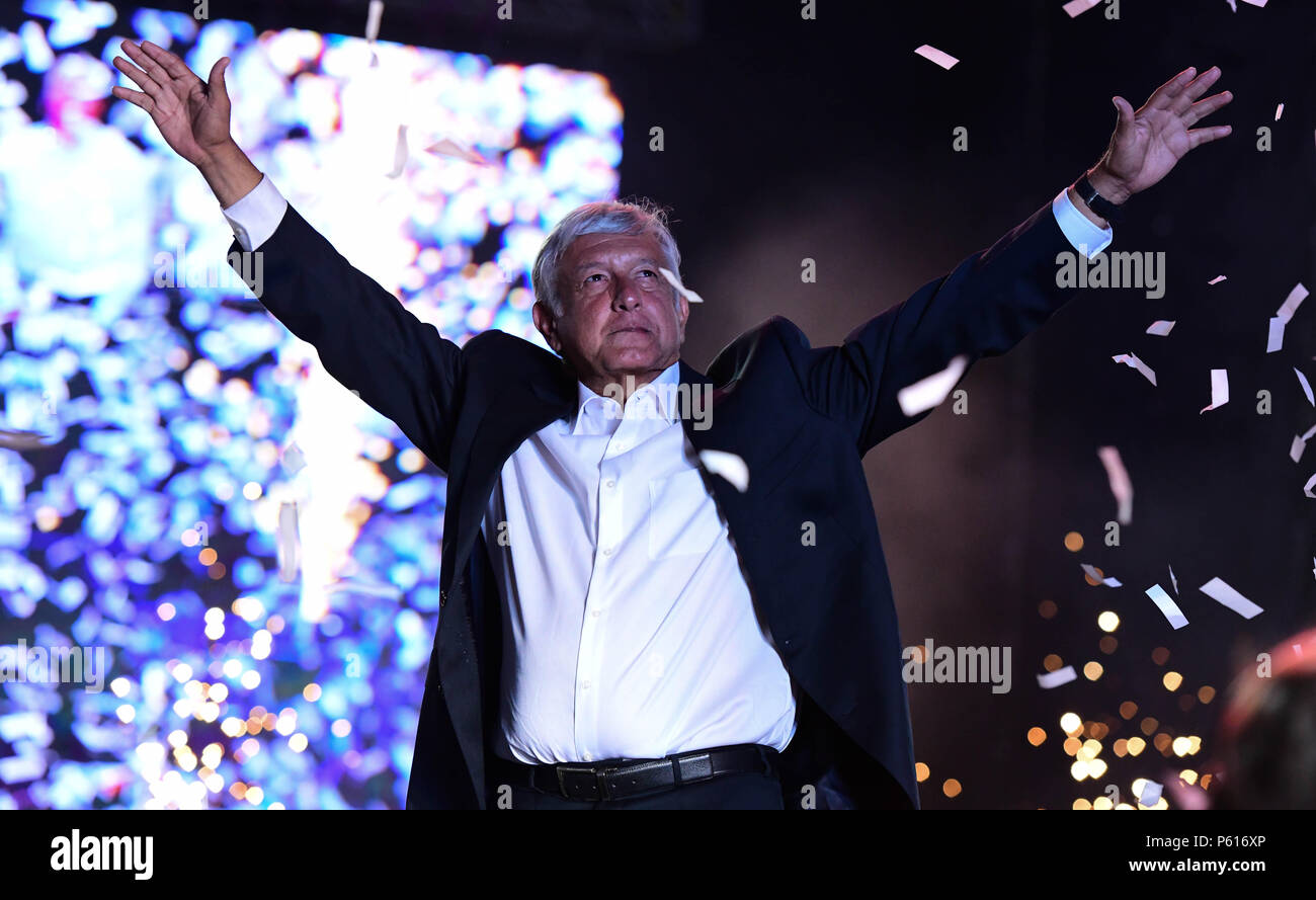 Mexico, Ciudad de Mexico, Mexico. 27th June, 2018. Presidential candidate Manuel Lopez Obrador speaks at his closing rally at the Azteca stadium in Mexico City Wednesday, ahead of presidential elections on July 1. Obrador leads on the presidential race by 20 points. Credit: Miguel Juarez Lugo/ZUMA Wire/Alamy Live News Stock Photo