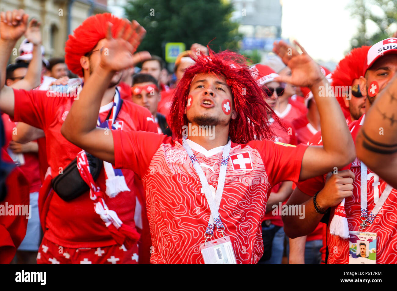 A swiss football fan seen singing. Hundreds of Swiss football fans seen  before the game in the city center between switzerland vs Costa Rica Stock  Photo - Alamy