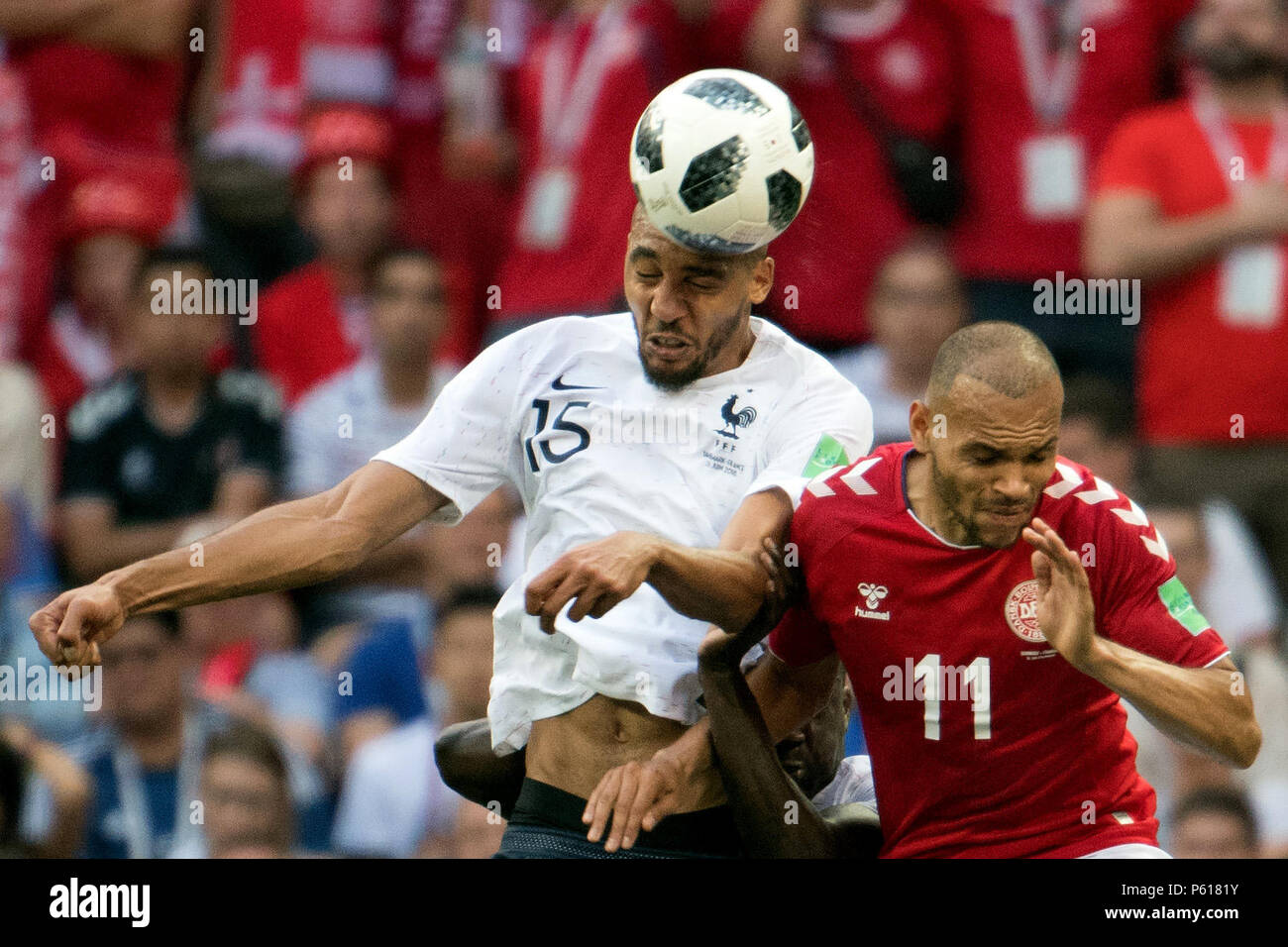 26 June 2018, Russia, Moscow, Soccer, FIFA World Cup 2018, Group C, Matchday 3 of 3 at Luzshniki Stadium: Martin Braithwaite (L) from Denmark and Steven N'Zonzi (R) from France in action. Photo: Federico Gambarini/dpa Stock Photo