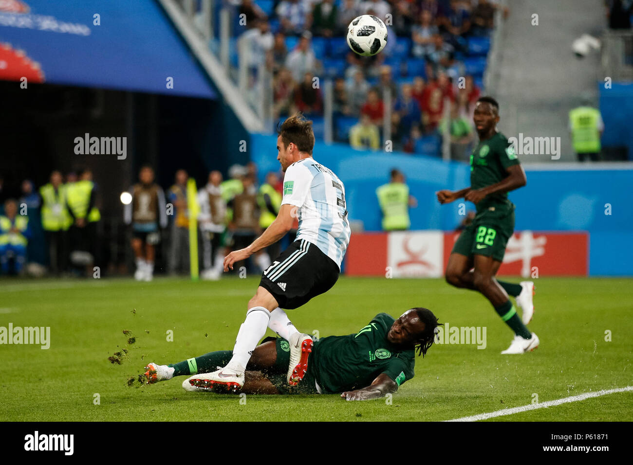 St Petersburg, Russia. 26th Jun, 2018. Nicolas Tagliafico of Argentina and Victor Moses of Nigeria during the 2018 FIFA World Cup Group D match between Nigeria and Argentina at Saint Petersburg Stadium on June 26th 2018 in Saint Petersburg, Russia. (Photo by Daniel Chesterton/phcimages.com) Credit: PHC Images/Alamy Live News Stock Photo