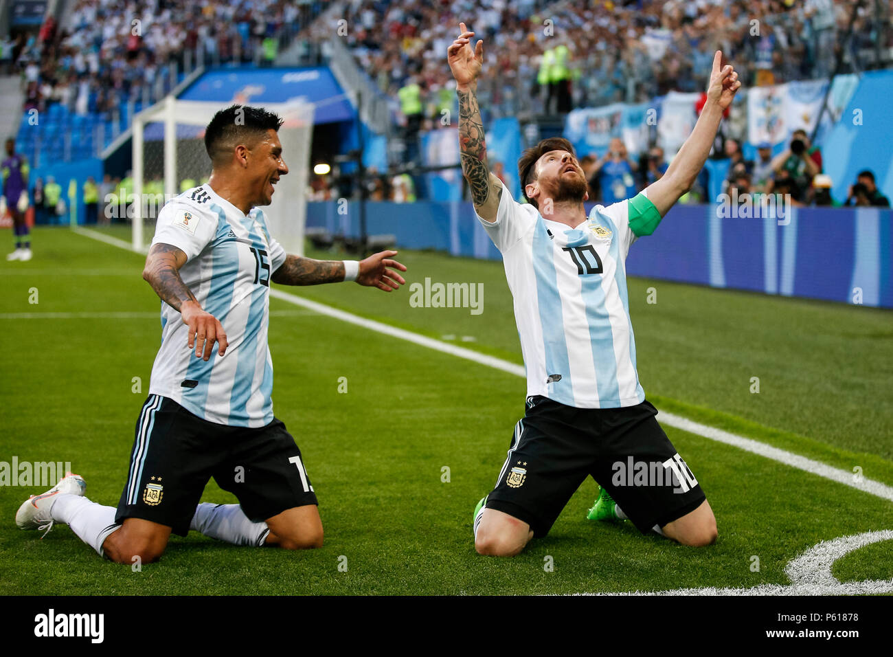 St Petersburg, Russia. 26th Jun, 2018. Lionel Messi of Argentina celebrates with Enzo Perez of Argentina after scoring his side's first goal to make the score 1-0 during the 2018 FIFA World Cup Group D match between Nigeria and Argentina at Saint Petersburg Stadium on June 26th 2018 in Saint Petersburg, Russia. (Photo by Daniel Chesterton/phcimages.com) Credit: PHC Images/Alamy Live News Stock Photo