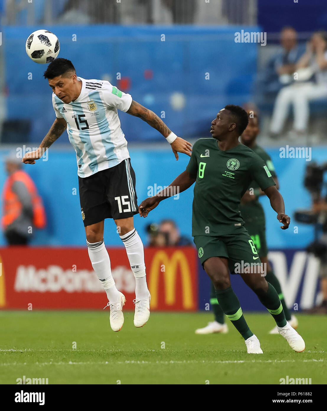 St Petersburg, Russia. 26th Jun, 2018. Enzo Perez of Argentina and Oghenekaro Etebo of Nigeria during the 2018 FIFA World Cup Group D match between Nigeria and Argentina at Saint Petersburg Stadium on June 26th 2018 in Saint Petersburg, Russia. (Photo by Daniel Chesterton/phcimages.com) Credit: PHC Images/Alamy Live News Stock Photo